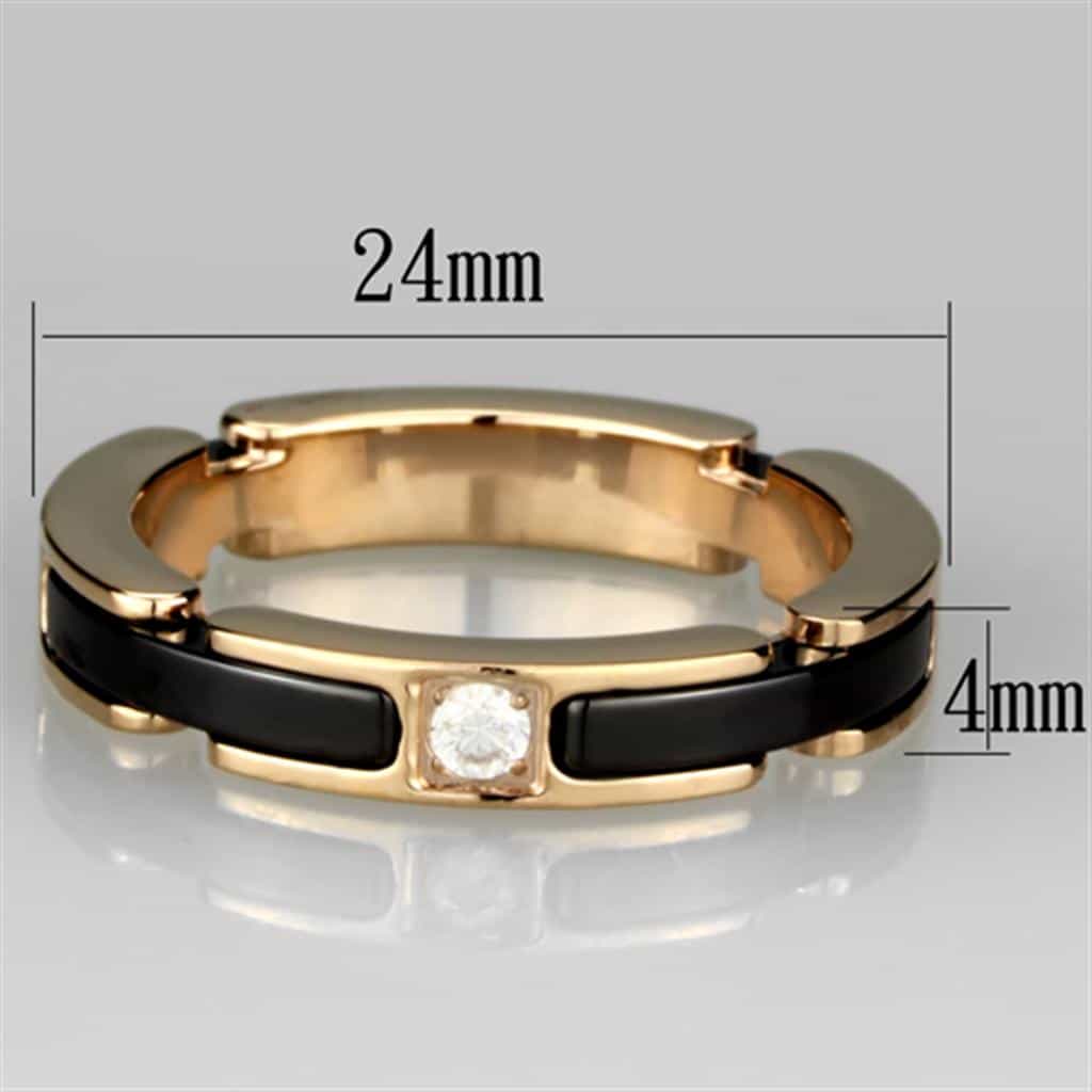 Stainless Steel Rose Gold Black Enamel CZ Link Ring view 4