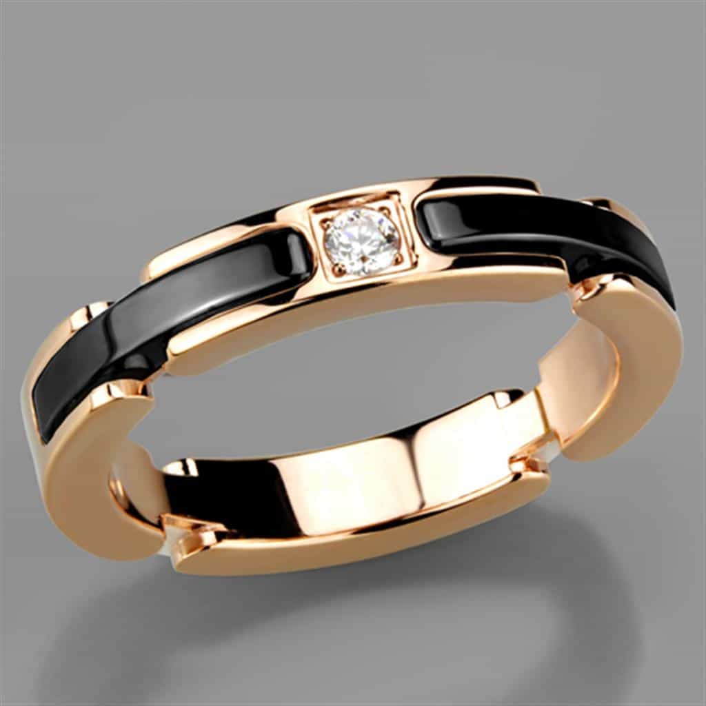 Stainless Steel Rose Gold Black Enamel CZ Link Ring view 10