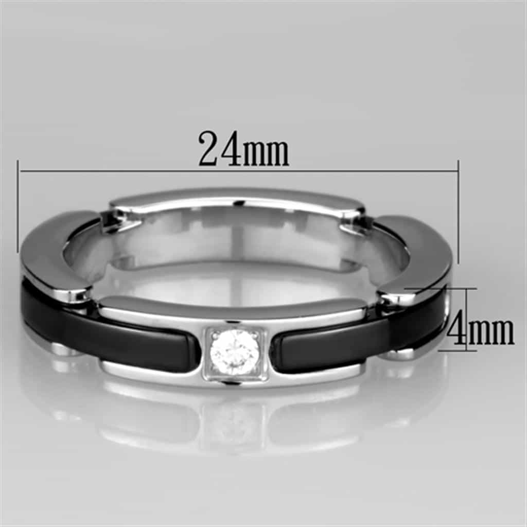 Stainless Steel Black Ceramic CZ Link Band Ring view 4
