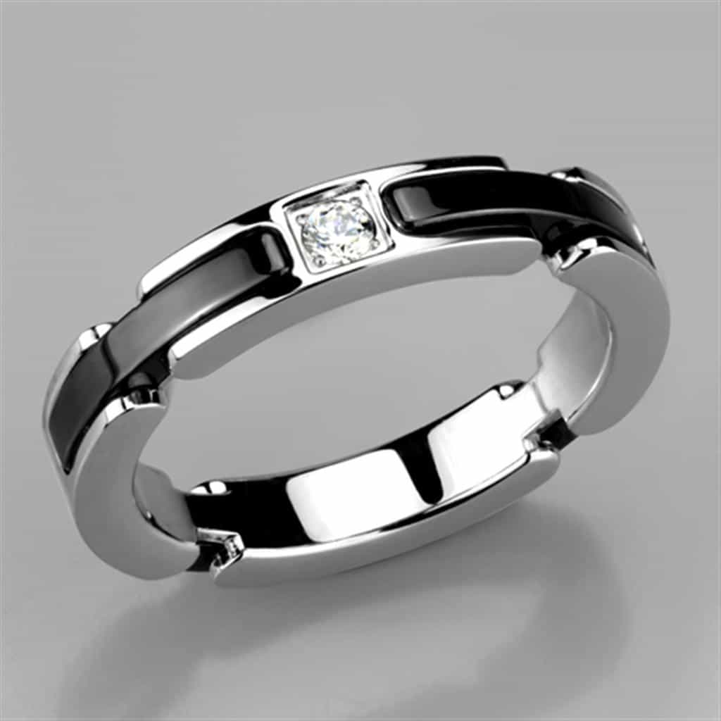 Stainless Steel Black Ceramic CZ Link Band Ring view 10