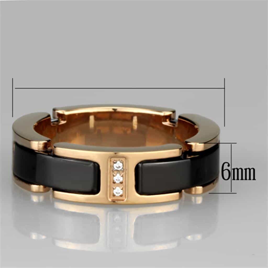 Stainless Steel Rose Gold Black Ceramic CZ Link Ring view 4
