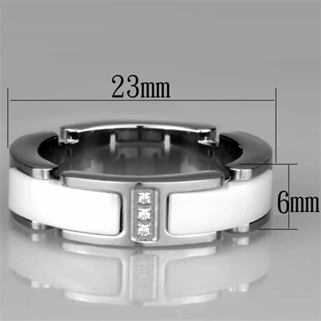 Stainless Steel White Ceramic Dark CZ Ring view 4