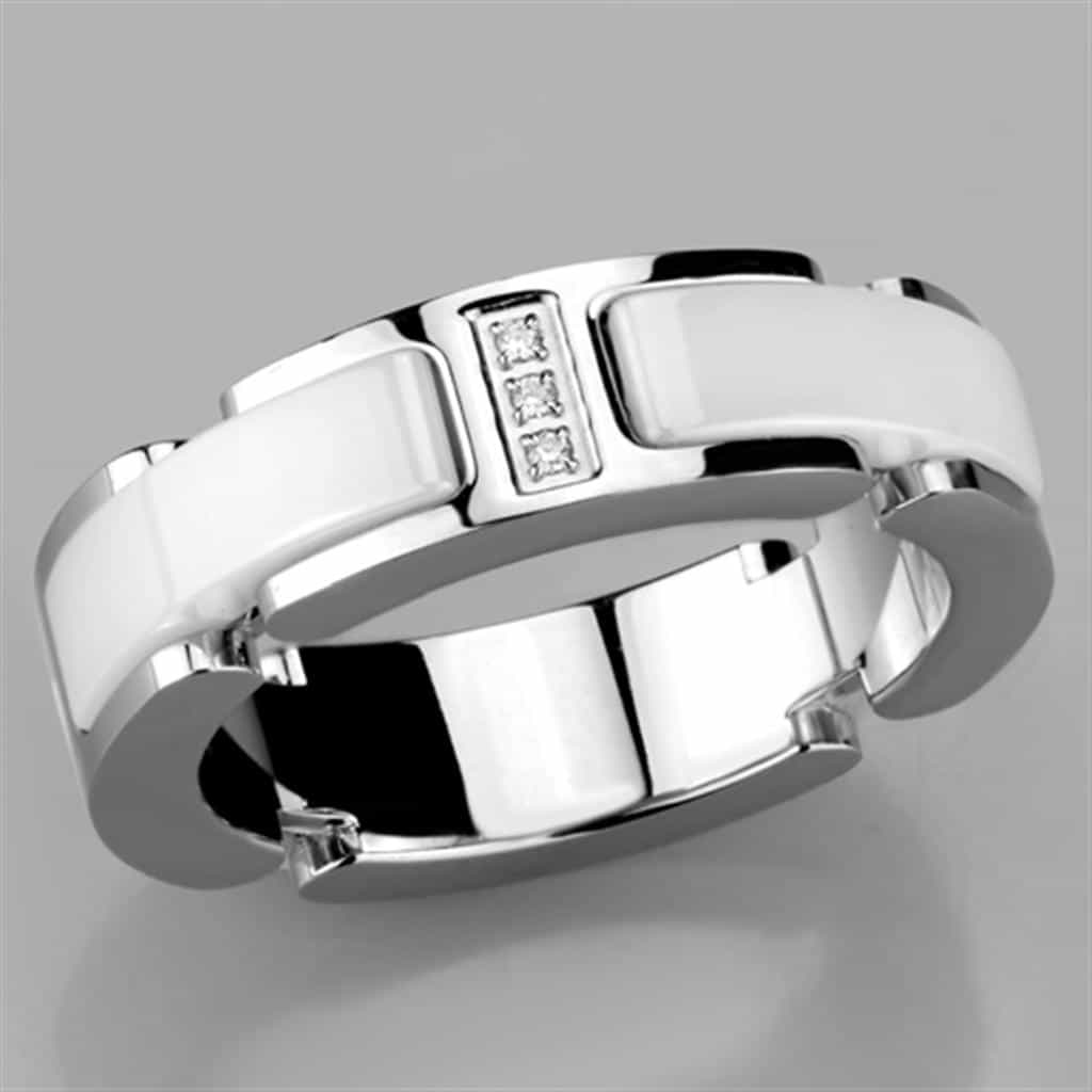 Stainless Steel White Ceramic Dark CZ Ring view 10