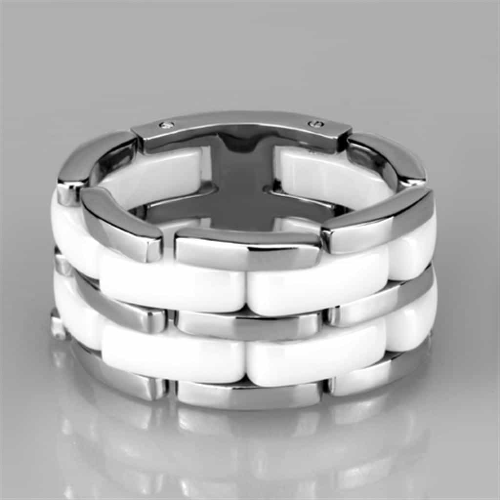 Stainless Steel White Ceramic Link Band Ring view 4