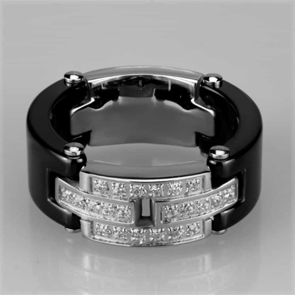 Stainless Steel Black Ceramic CZ Stripe Ring view 4