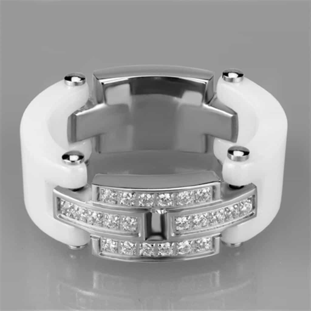 Stainless Steel White Ceramic CZ Accent Ring view 4