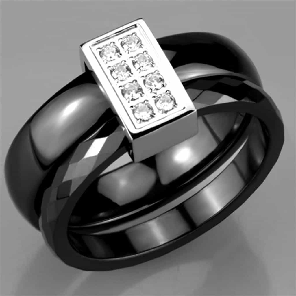 Stainless Steel Black Ceramic CZ Triple Band Ring view 10