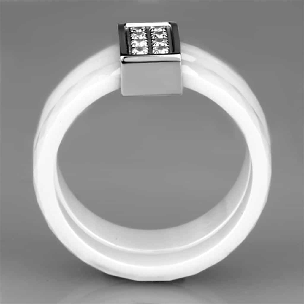 Stainless Steel White Ceramic CZ Grid Ring view 6