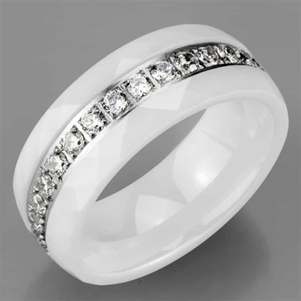 Stainless Steel White Ceramic CZ Slim Ring view 10