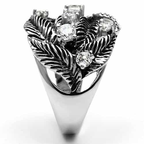 Brass CZ Flower Fern Leaf Wide Band Ring view 8