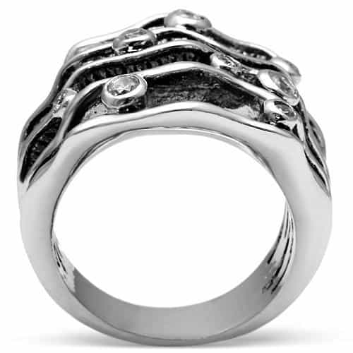 Brass CZ Bezel Oxidized Wave Wide Band Ring view 6