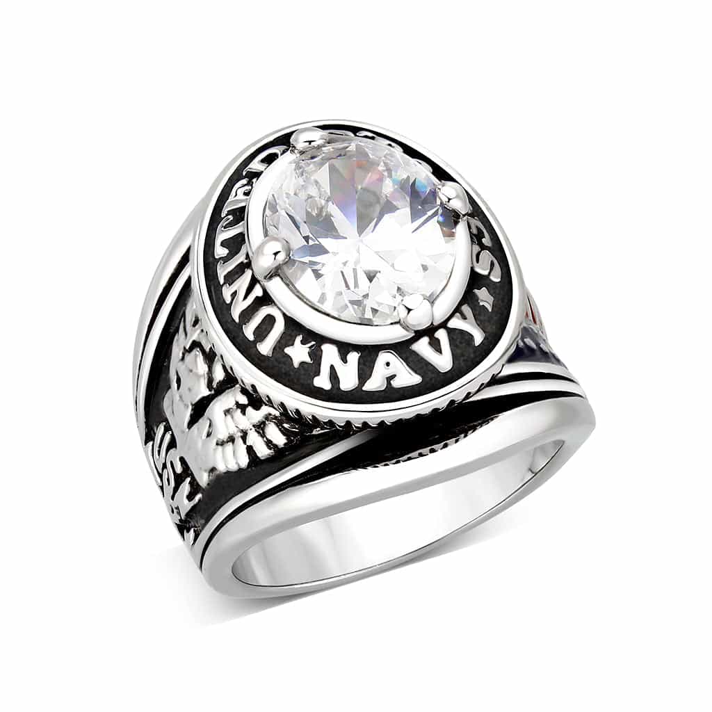 Brass Silver CZ Round Halo Navy Signet Ring view 2