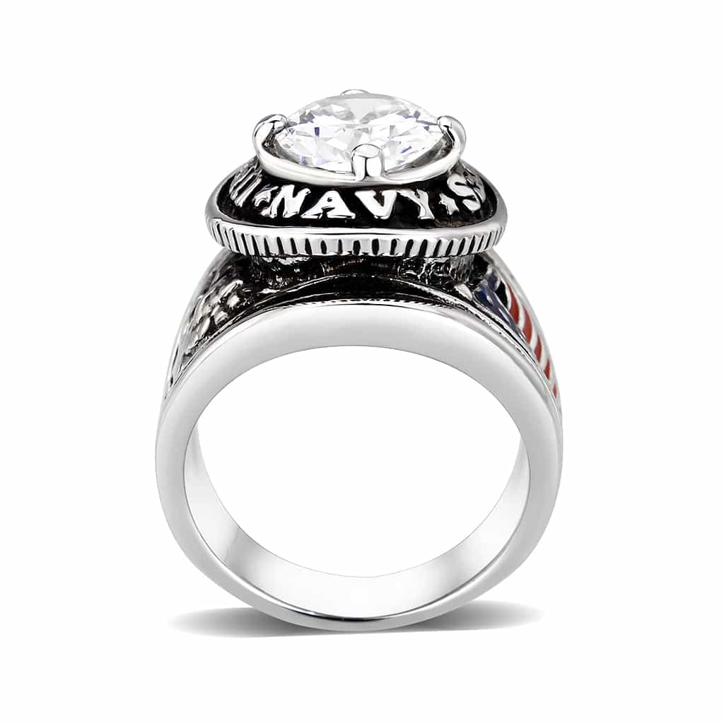 Brass Silver CZ Round Halo Navy Signet Ring view 6
