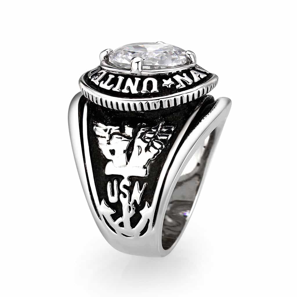 Brass Silver CZ Round Halo Navy Signet Ring view 8