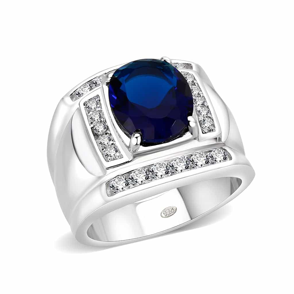 Brass Silver Blue Sapphire CZ Accent Signet Ring view 2