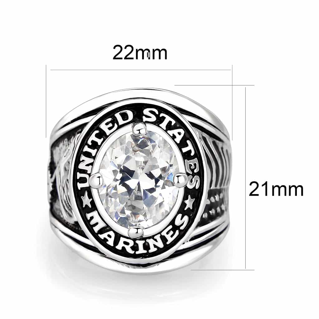 Stainless Steel Rhodium CZ Marines Military Ring view 2
