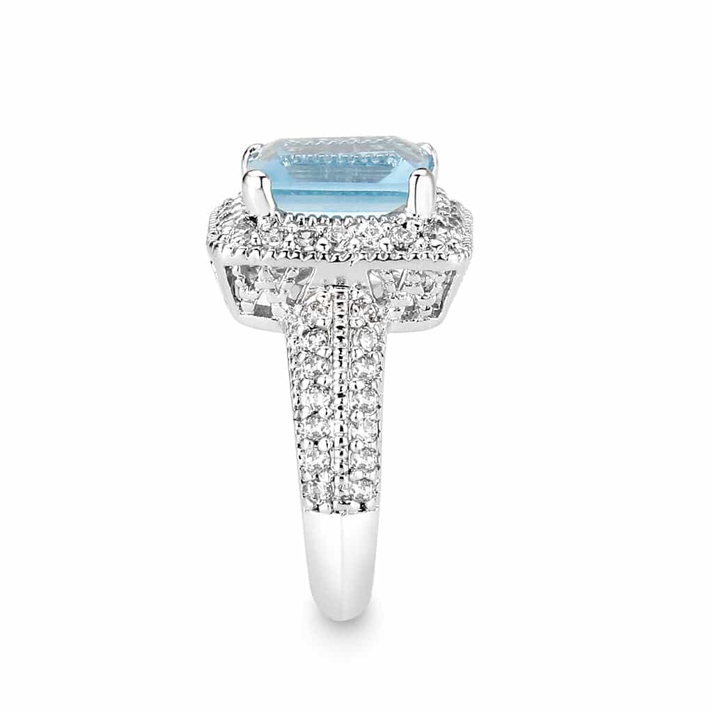 Brass Silver Aquamarine Blue Emerald Cut CZ Halo Ring view 8