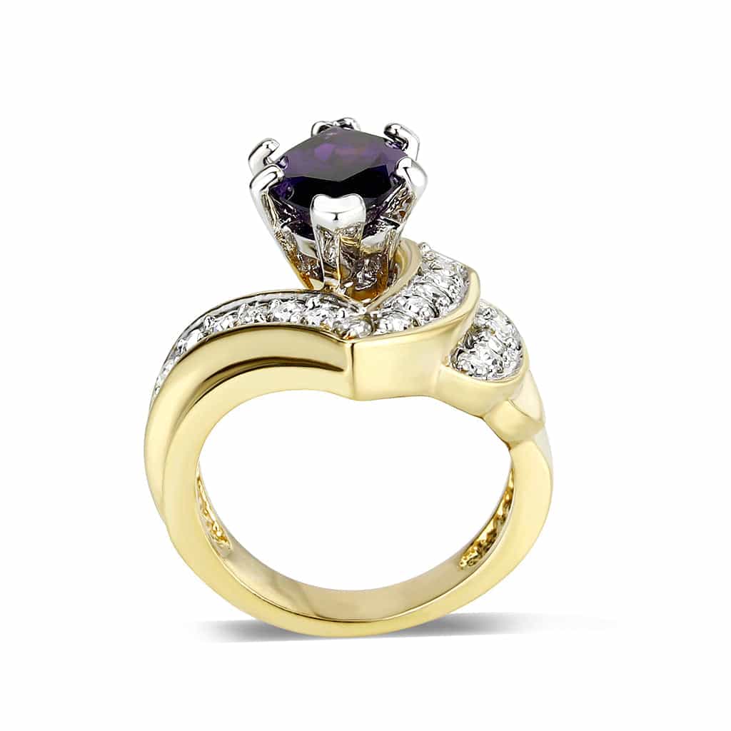 Brass Gold Two Tone Amethyst CZ V Shape Bypass Ring view 6