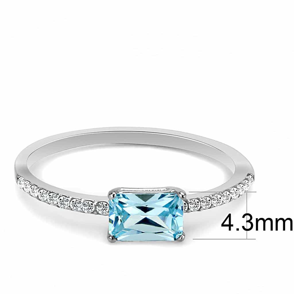 Stainless Steel Aqua CZ Emerald Cut Pave Solitaire Ring view 4