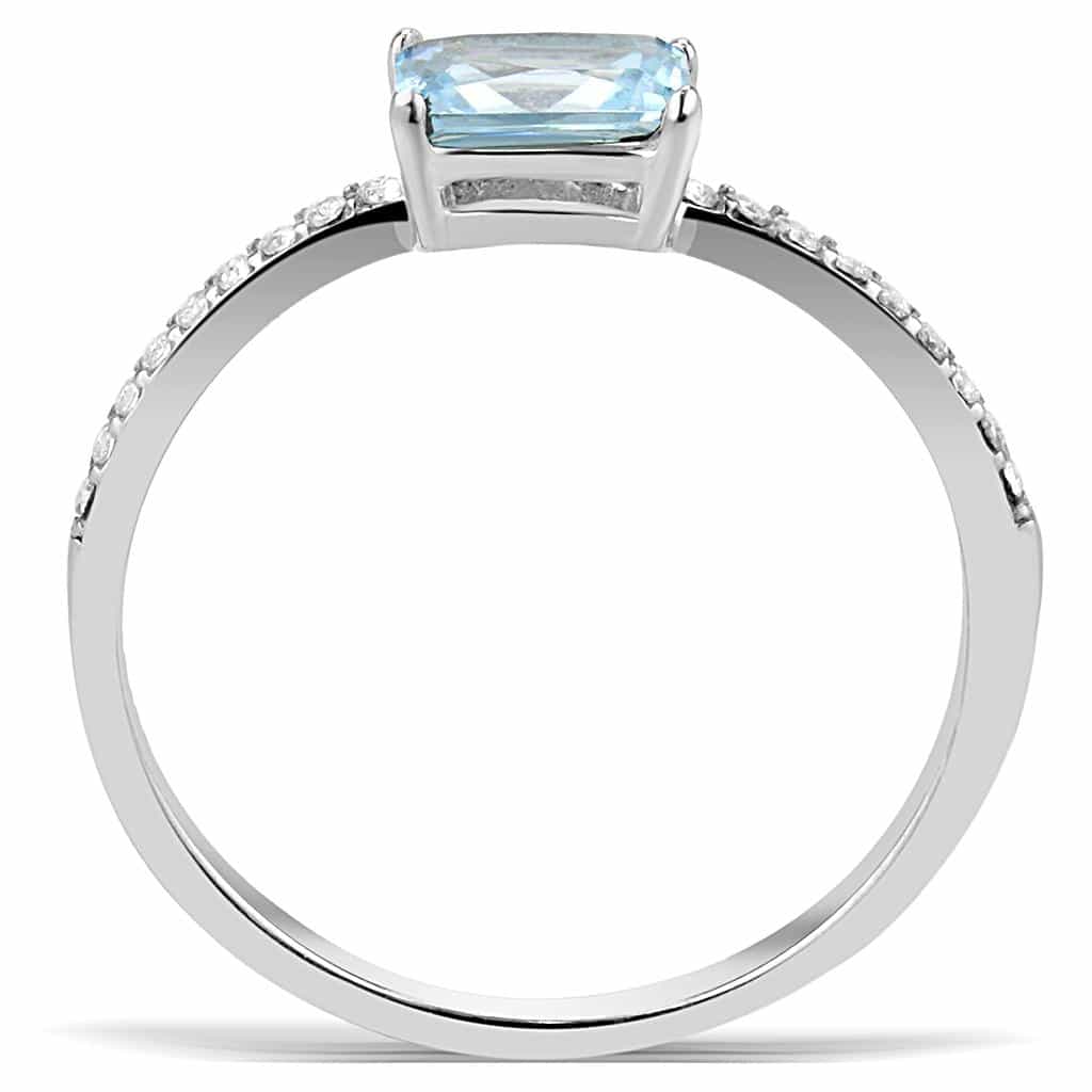 Stainless Steel Aqua CZ Emerald Cut Pave Solitaire Ring view 6