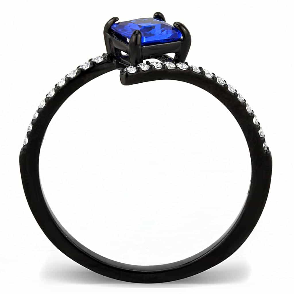 Stainless Steel Black IP Blue CZ Princess Cut Pave Ring view 6