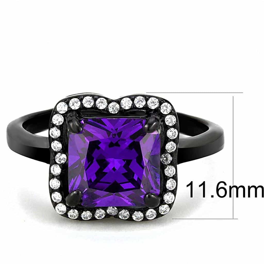 Stainless Steel Black IP Purple CZ Princess Halo Pave Ring view 4