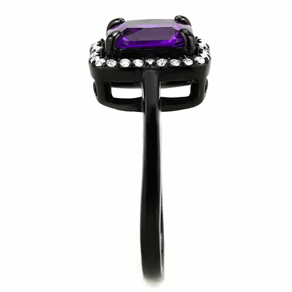 Stainless Steel Black IP Purple CZ Princess Halo Pave Ring view 8