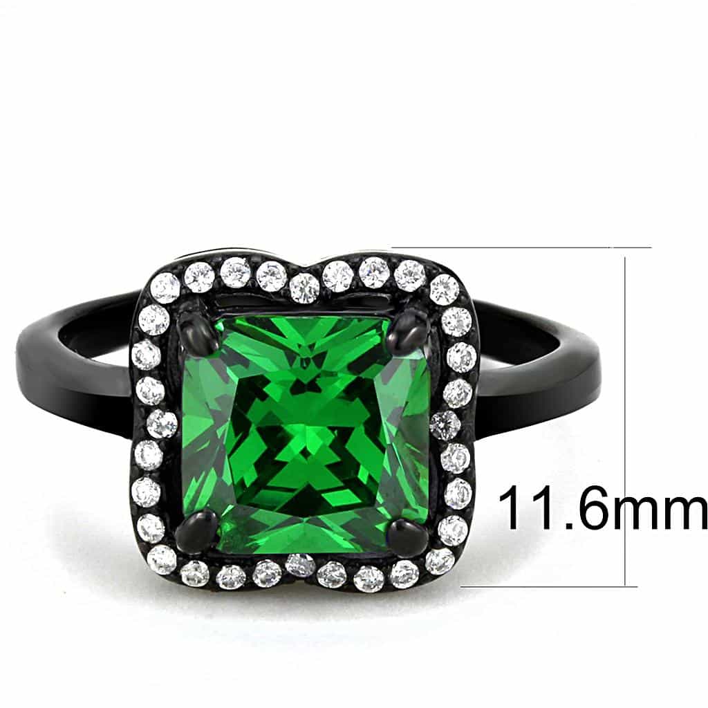 Stainless Steel Black IP Green CZ Princess Halo Pave Ring view 4