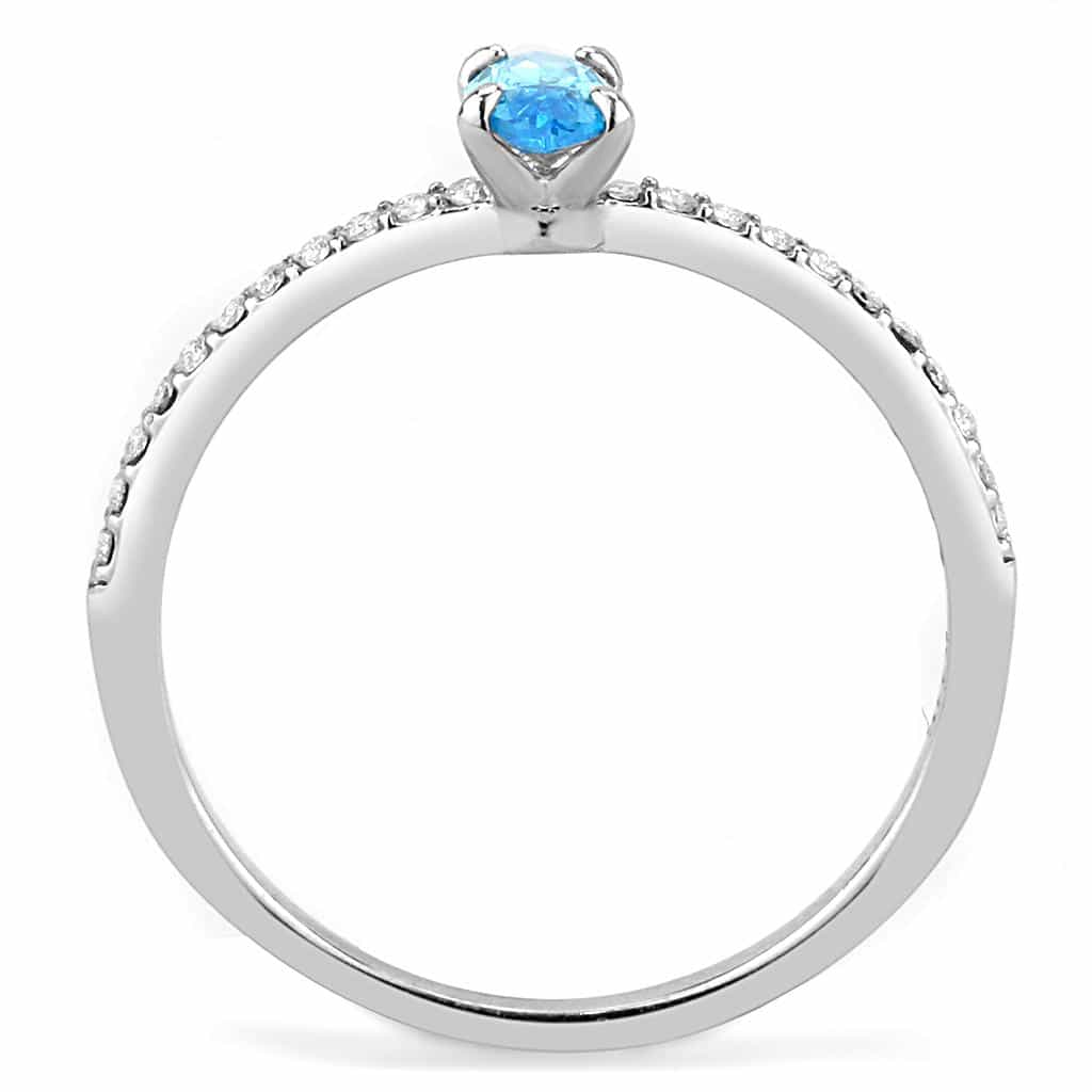 Stainless Steel Aqua CZ Pear Prong Pave Thin Ring view 6