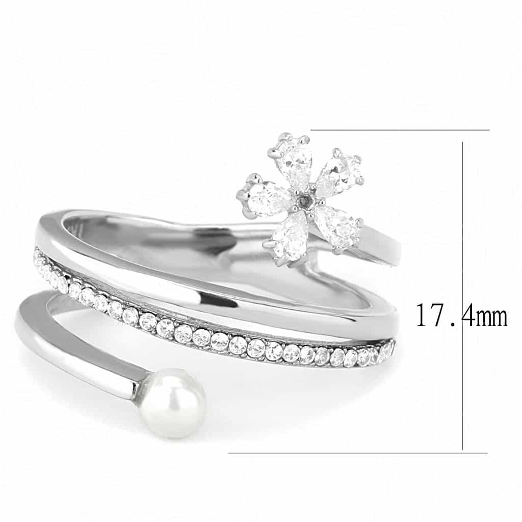 Stainless Steel Pearl CZ Flower Open Wrap Ring view 4
