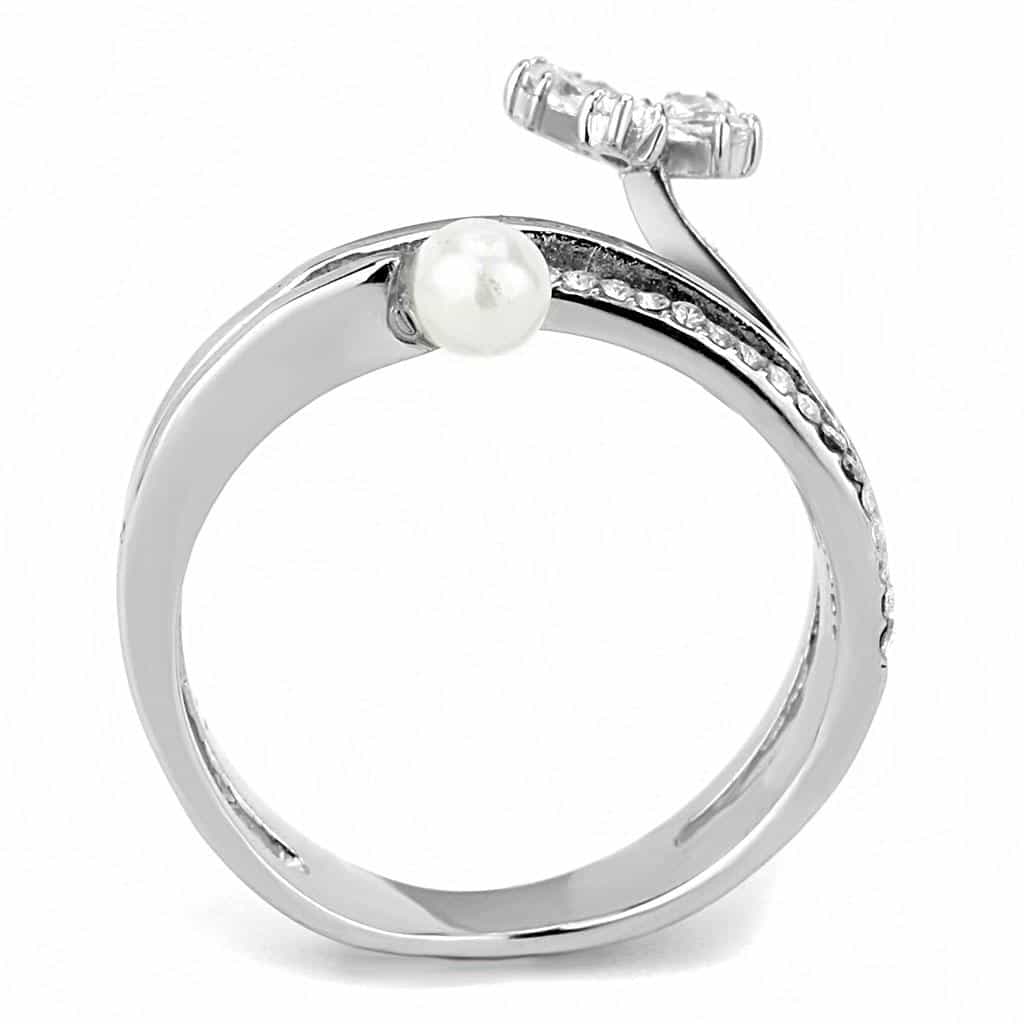 Stainless Steel Pearl CZ Flower Open Wrap Ring view 6