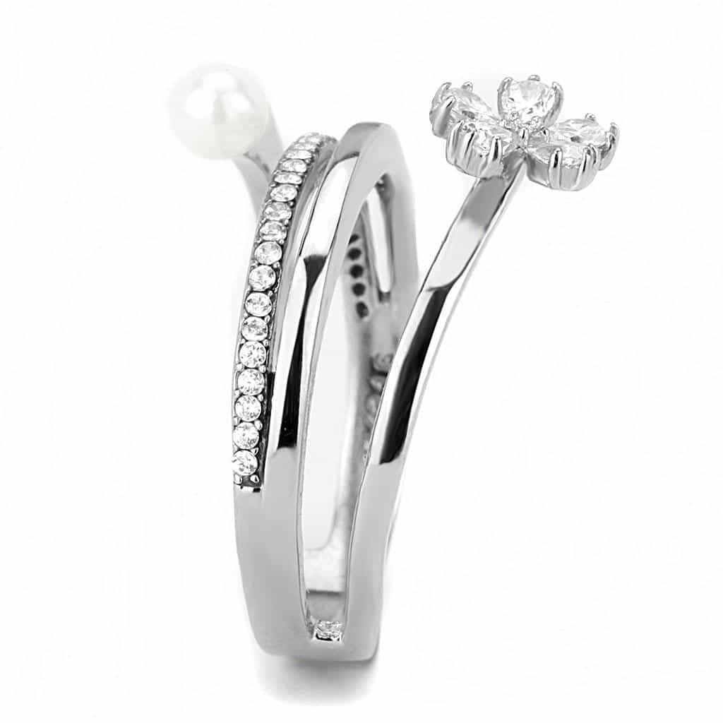 Stainless Steel Pearl CZ Flower Open Wrap Ring view 8