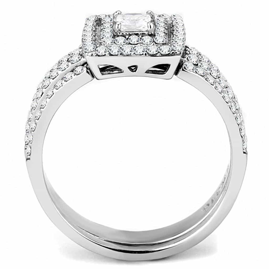 Stainless Steel CZ Princess Cut Double Halo Bridal Set Ring view 6