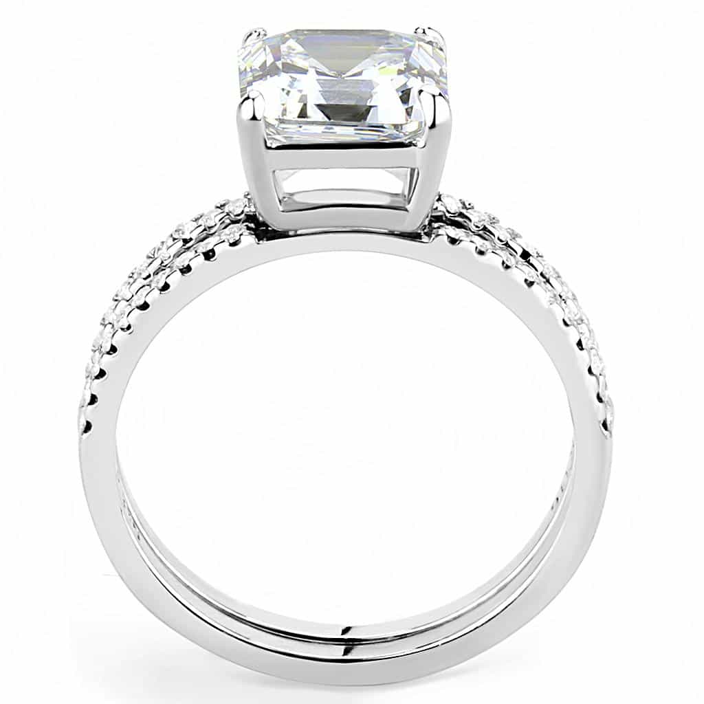 Stainless Steel CZ Asscher Cut Milgrain Bridal Set Ring view 6