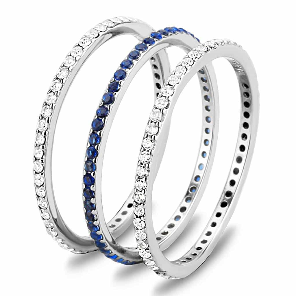 Stainless Steel Blue CZ Pave Eternity Stack Band Ring view 8