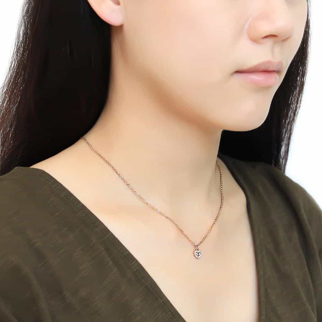 Stainless Steel Rose Gold CZ Pave Heart Pendant Chain Pendant view 6
