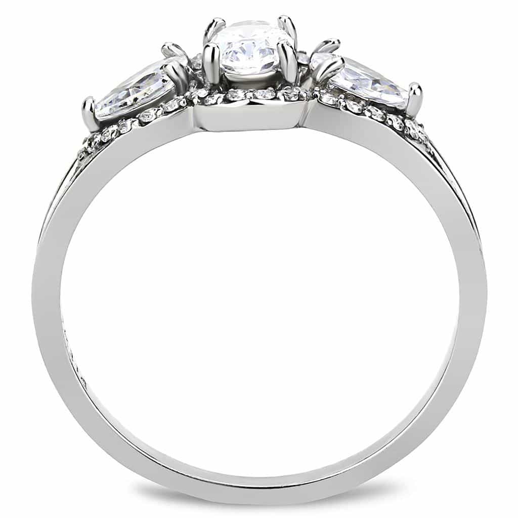 Stainless Steel CZ Oval Pear Three Stone Pave Ring view 6