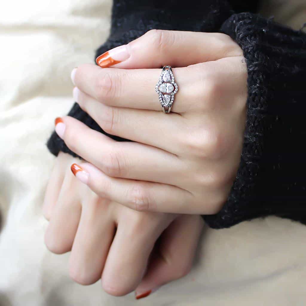 Stainless Steel CZ Oval Pear Three Stone Pave Ring view 10