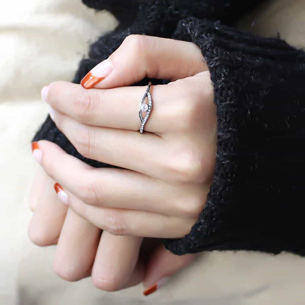Stainless Steel CZ Round Pave Slim Bypass Solitaire Ring view 10