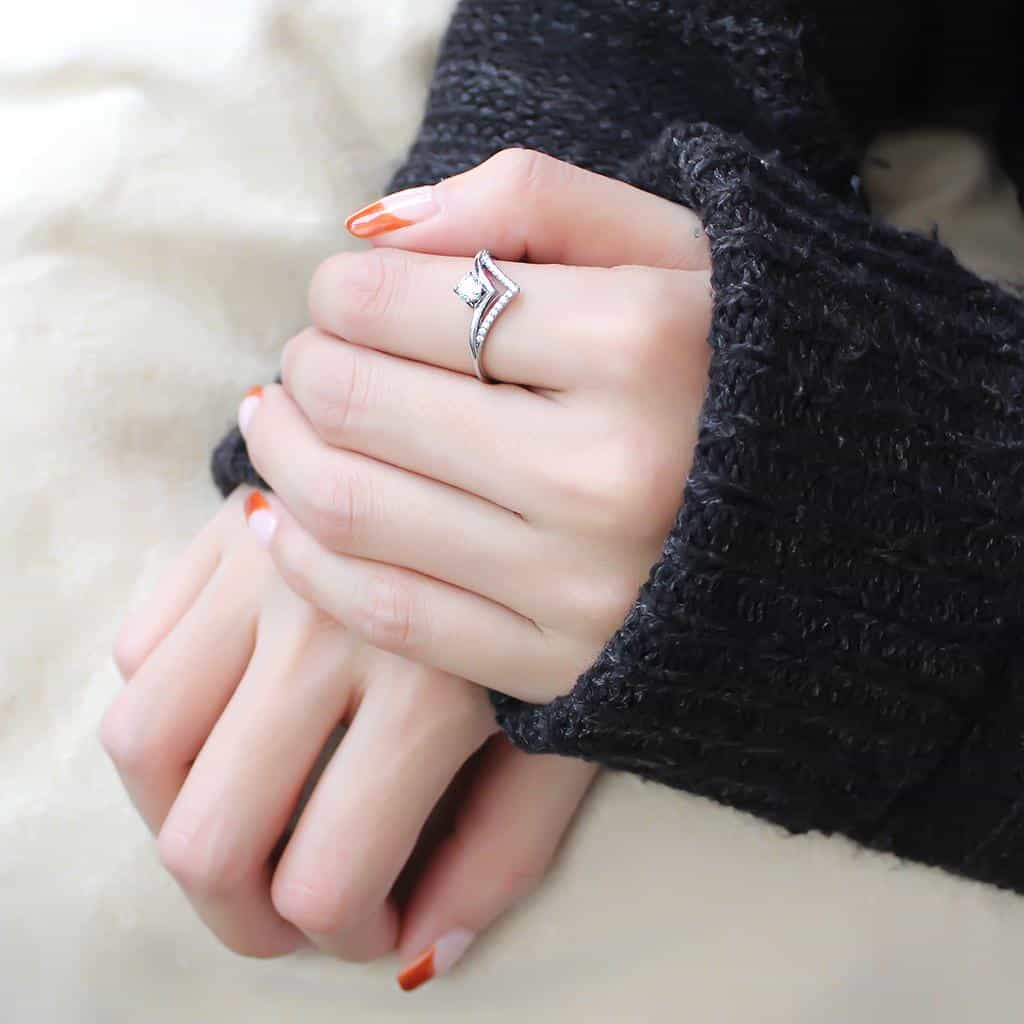 Stainless Steel CZ Round Pave V Chevron Solitaire Ring view 10