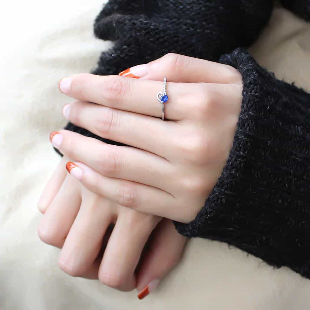 Stainless Steel Blue CZ Round Pave Bypass Slim Ring view 12
