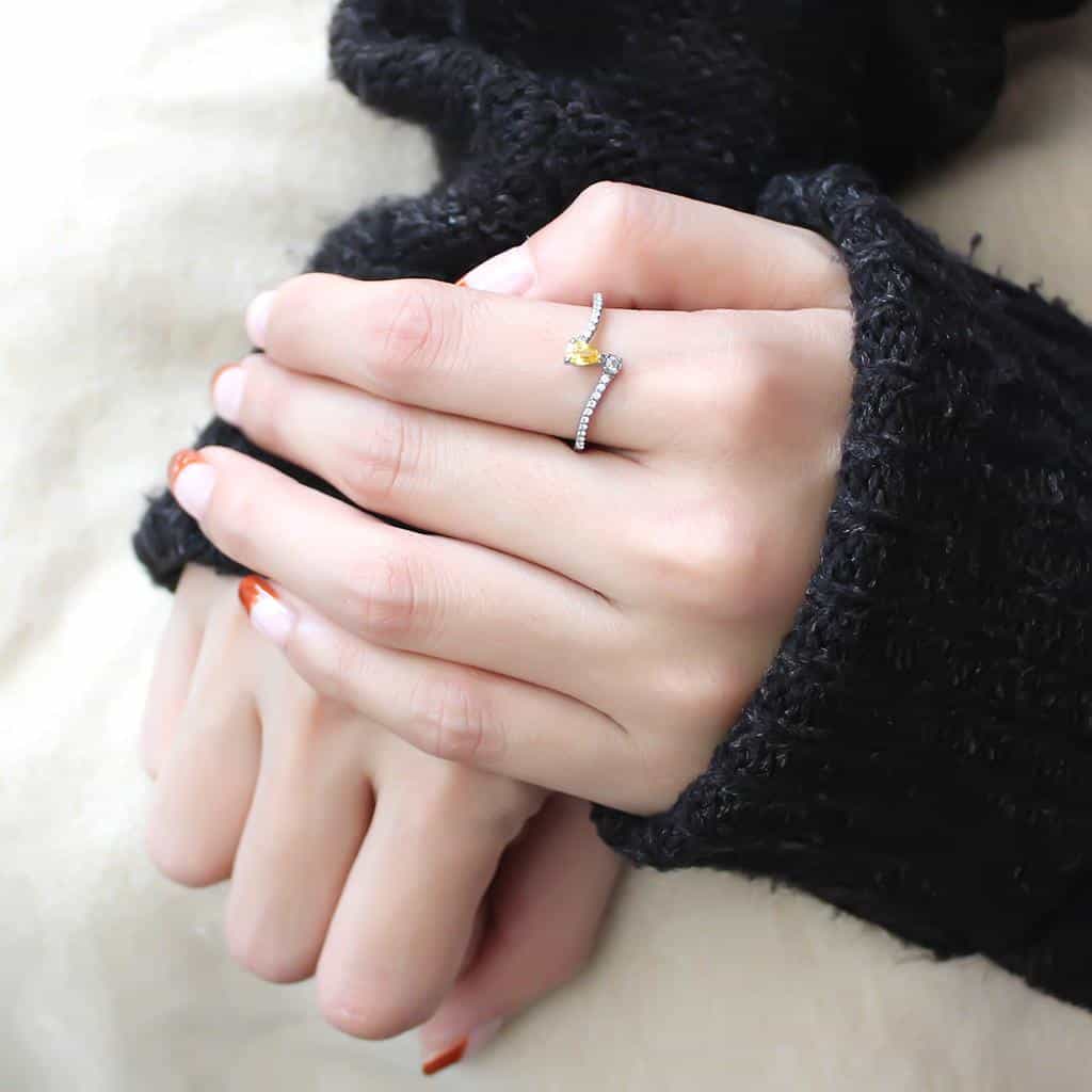Stainless Steel Yellow CZ Pear Pave Bypass Slim Ring view 10