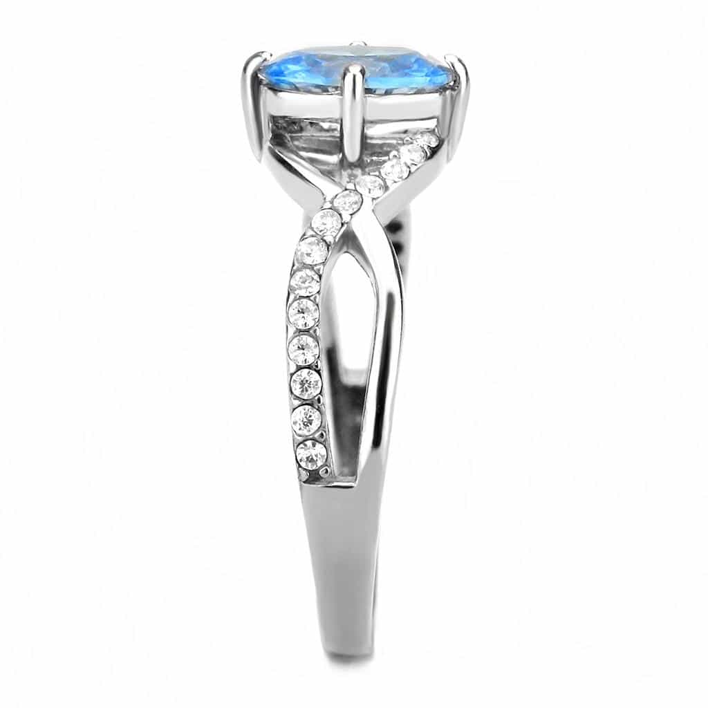Stainless Steel Aqua CZ Oval Split Shank Pave Ring view 8