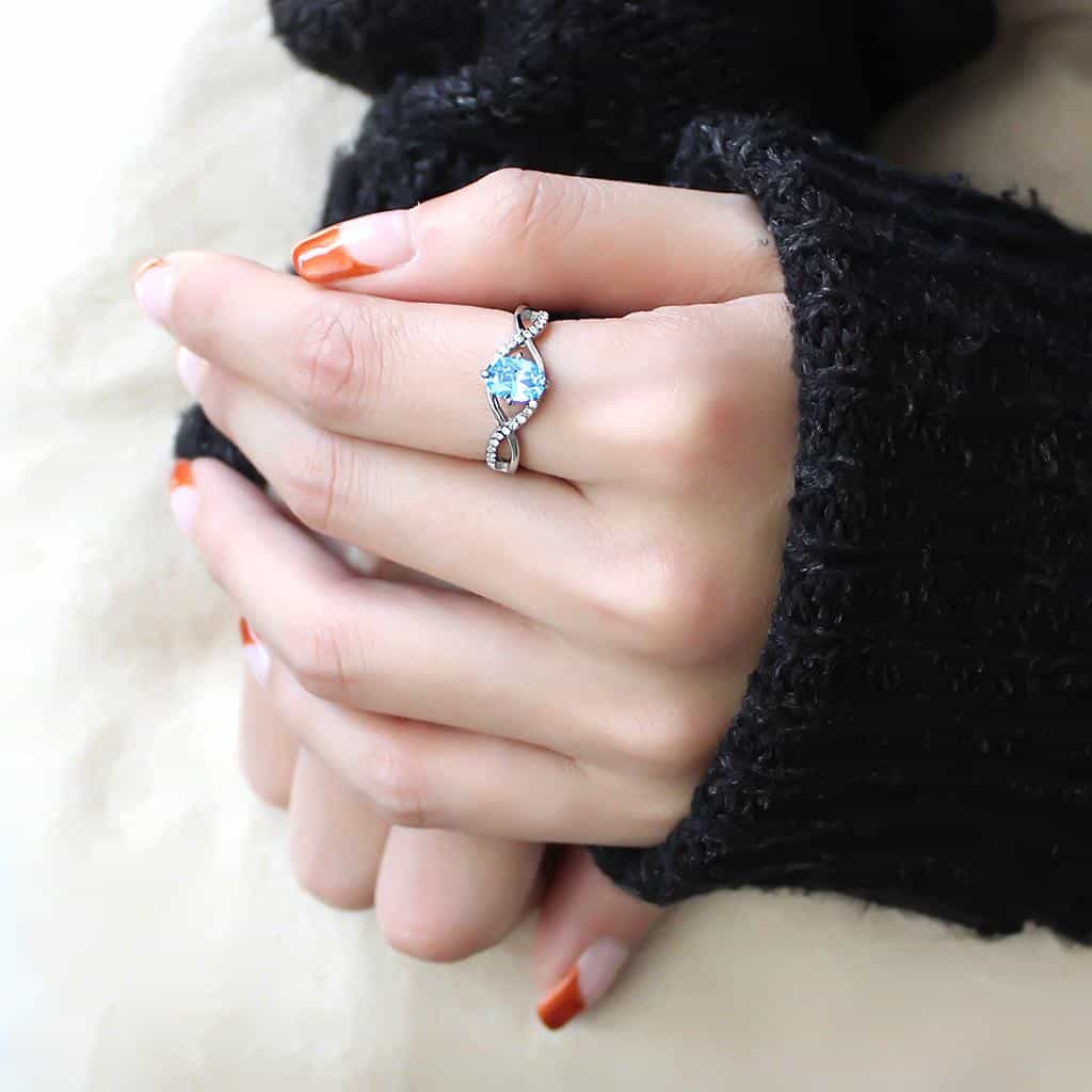 Stainless Steel Aqua CZ Oval Split Shank Pave Ring view 10