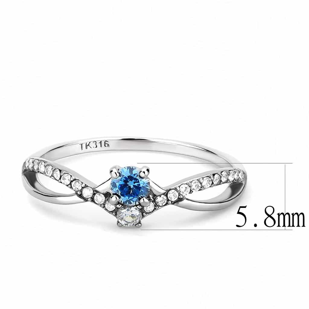 Stainless Steel Aqua CZ Round Pave Slim Solitaire Ring view 4
