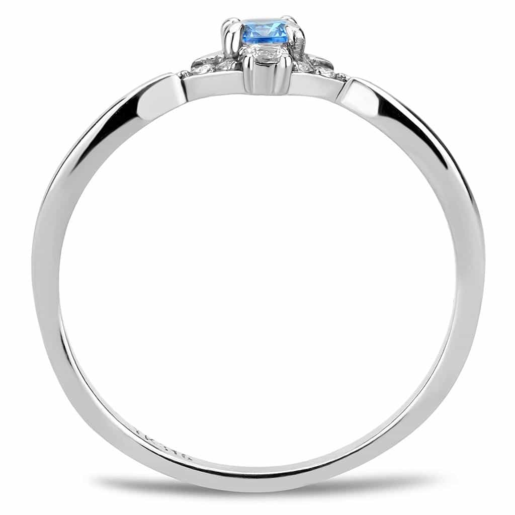 Stainless Steel Aqua CZ Round Pave Slim Solitaire Ring view 6