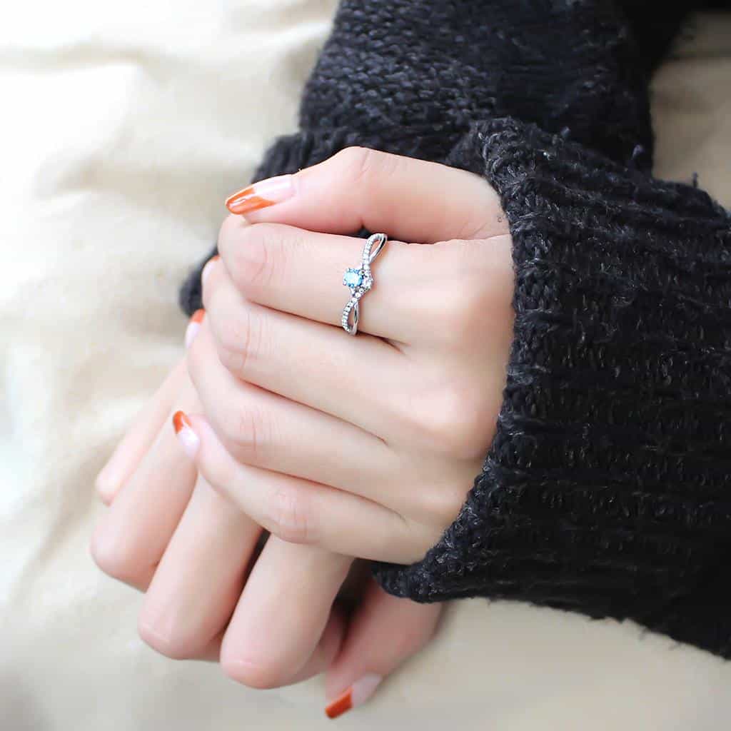 Stainless Steel Aqua CZ Round Pave Slim Solitaire Ring view 10