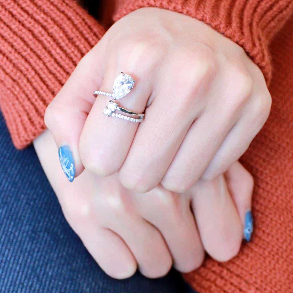 Stainless Steel CZ Pear Pave Prong Drop Solitaire Ring view 10