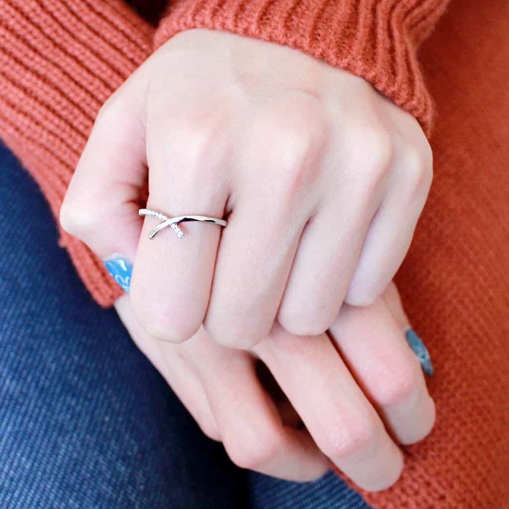Stainless Steel CZ Slim Bypass Open Ring view 10