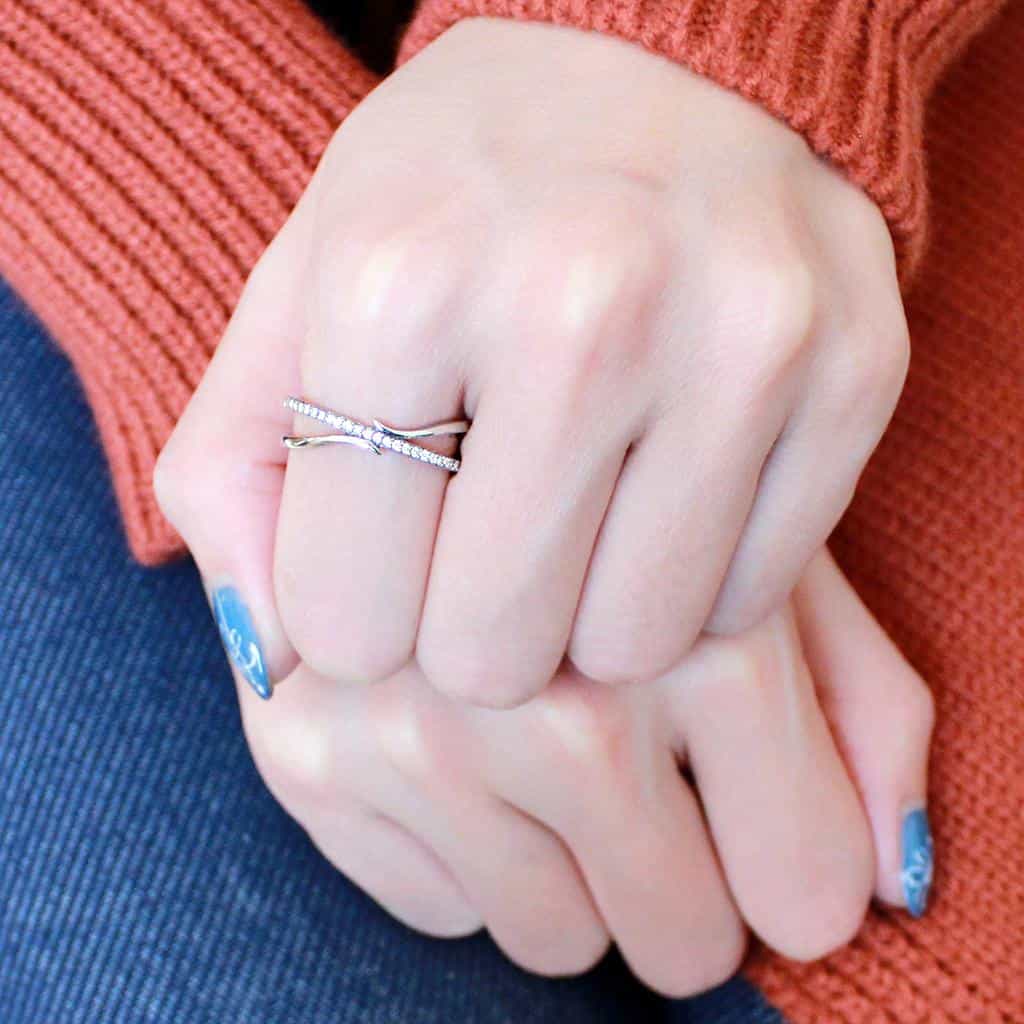 Stainless Steel CZ Pave Double X Crossover Open Ring view 10